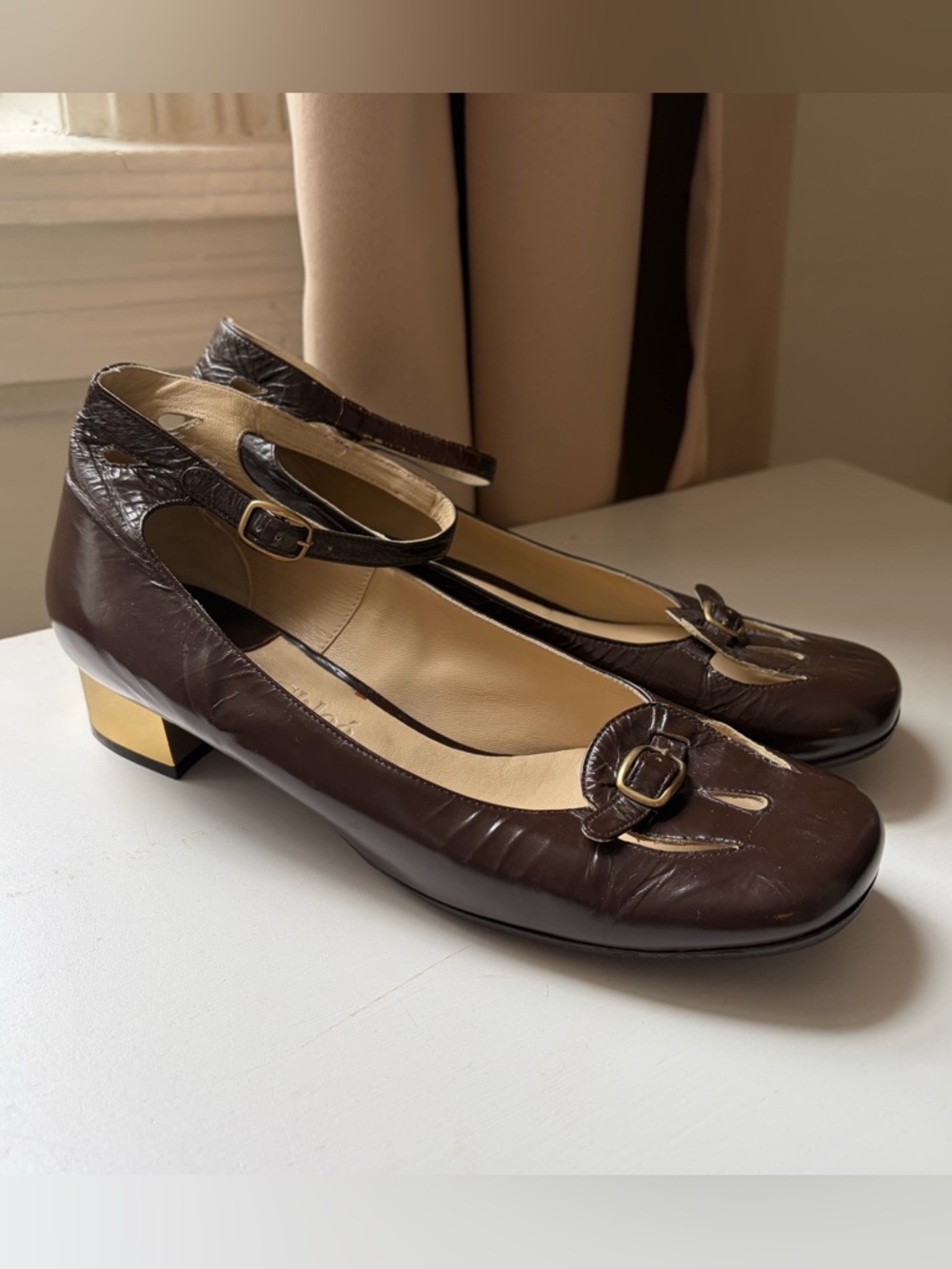 Vintage Chloe Brown Leather Mary Jane 1.25in Block Heel Ankle Strap Shoes 38.5